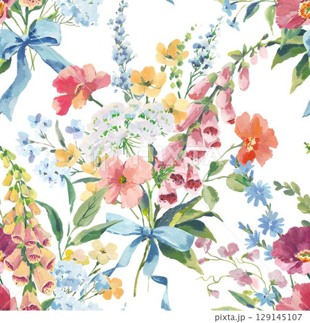 Watercolor and Gouache floral pattern with poppy, foxglove, chicory and buttercups seamless vintage bouquet with blue ribbons and colorful wildflowers on white background. Hand-painted romantic design Watercolor and Gouache floral pattern with poppy, foxglove, chicory and buttercups seamless vintage bouquet with blue ribbons and colorful wildflowers on white background. Hand-painted romantic design 129145107