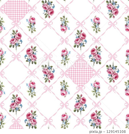 Shabby chic rose pattern with ribbons and gingham seamless vintage floral design with pink roses, blue bows, and pastel diamonds. Ideal for textiles, wrapping, and romantic interiors. 129145108