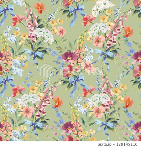 Watercolor and Gouache floral pattern with poppy, foxglove, chicory and buttercups seamless vintage bouquet with blue ribbons and colorful wildflowers on white background. Hand-painted romantic design 129145110