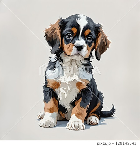 かわいくおすわりしたキャバリア・キング・チャールズ・スパニエルの子犬 129145343