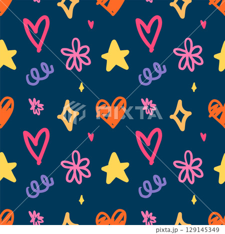 Abstract doodle hand drawn seamless pattern background. Star, heart and flower for wrapping and wallpaper Abstract doodle hand drawn seamless pattern background. Star, heart and flower for wrapping and wallpaper 129145349