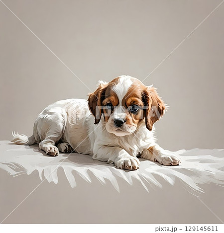 リラックスして伏せるキャバリア・キング・チャールズ・スパニエルの子犬 129145611