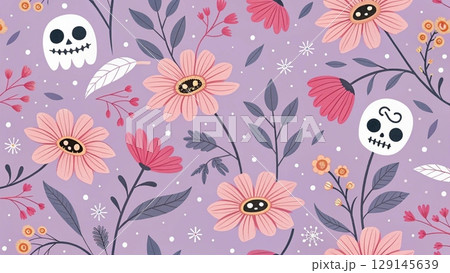 Seamless pattern with white skulls background  129145639