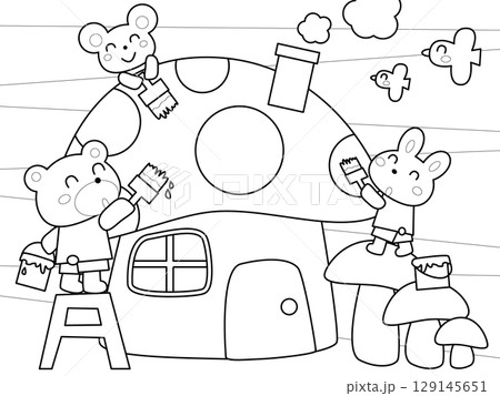 塗り絵・キノコの家と動物たち 129145651