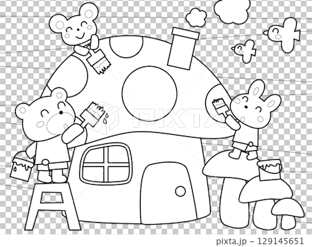 塗り絵・キノコの家と動物たち 129145651
