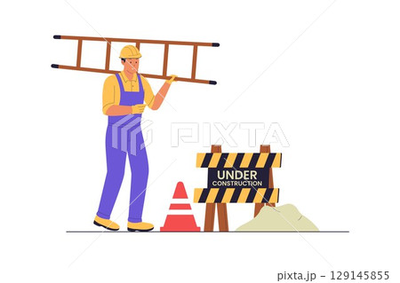 Construction Worker with Ladder and Under Construction Sign Illustration Construction Worker with Ladder and Under Construction Sign Illustration 129145855