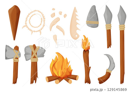Stone age, barbarian tools, weapon, fireplace and necklace from bones in cartoon style isolated on white background. Knife, axe and arrow from sharpen rock, wooden cub. Archaeology concept. 129145869