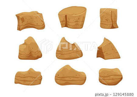 Stone boulders set isolated on white background, detailed drawing in cartoon style with cracked elements for design and ui games. Collection massive constructions.  129145880
