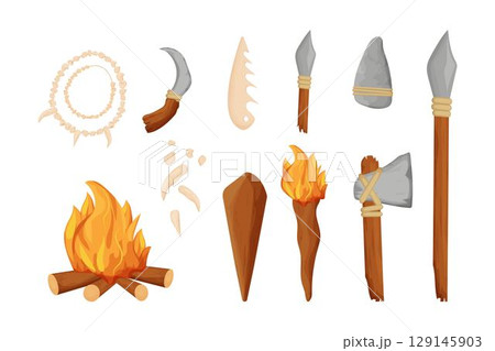 Stone age, barbarian tools, weapon, fireplace and necklace from bones in cartoon style isolated on white background. Knife, axe and arrow from sharpen rock, wooden cub. Archaeology concept. 129145903