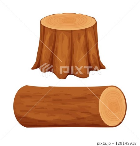 Tree wood stump and cut log isolated on white background in cartoon style stock vector illustration. Detailed and textured objects, set carpentry, lumberjack elements 129145918