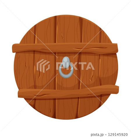 Wooden door in cartoon style, comic isolated on white background. Fantasy entrance, outdoor interior, mediaeval or fairy element. Ui game assets. Wooden door in cartoon style, comic isolated on white background. Fantasy entrance, outdoor interior, mediaeval or fairy element. Ui game assets. 129145920