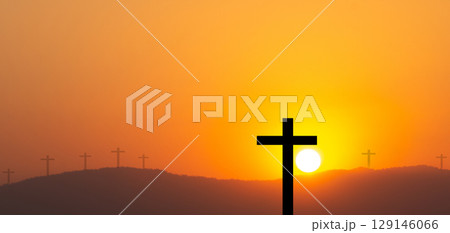 Cross Christian God Religion on Sunset Background, Jesus Church Worship Pray Catholic Grace Christ, Symbols Christ Love Holy Spiritual Hope Peach Victory Spirit Mditation Catholicism Crucifix Trush. 129146066
