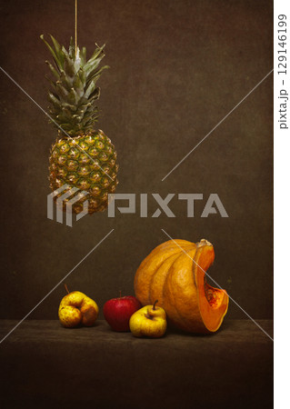 Still life with pineapple, pumpkin, pears and apple Still life with pineapple, pumpkin, pears and apple 129146199