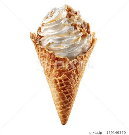Waffle cone with whipped cream and caramel. AI-generated item 129146330