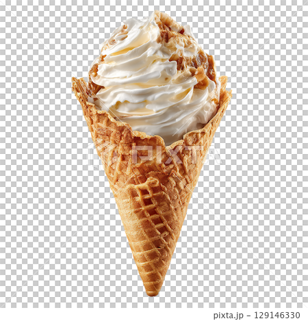 Waffle cone with whipped cream and caramel. AI-generated item 129146330