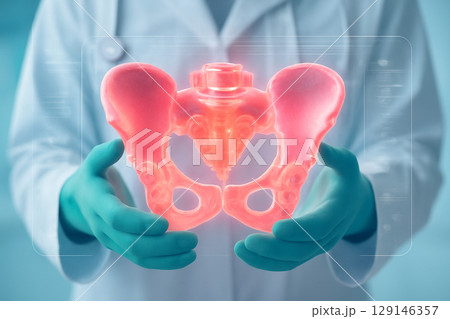 AI generated 3D hologram of a glowing human pelvis held by a medical professional in green gloves. The glowing red pink bones are analyzed in a futuristic, digital interface  medical care technology. 129146357