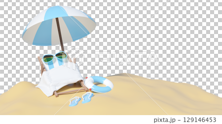 3D render of a minimalist beach scene with a striped chair, sunglasses, and towel under a large umbrella on sand, alongside a lifebuoy and flip-flops. Isolated for summer vacation theme. 129146453