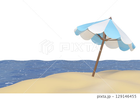A cheerful 3D rendered beach scene with a blue and white umbrella on golden sand by calm blue ocean waves, Ideal for summer holidays, vacation, and travel themes. 129146455
