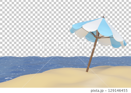 A cheerful 3D rendered beach scene with a blue and white umbrella on golden sand by calm blue ocean waves, Ideal for summer holidays, vacation, and travel themes. 129146455