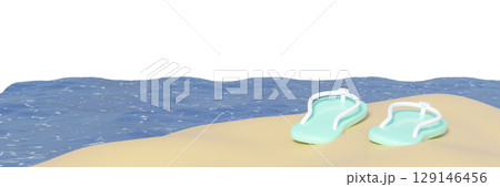 Cute 3D illustration of a pair of mint green flip-flops on a sandy beach by blue sea waves. Perfect for summer, vacation, and travel themes. 129146456