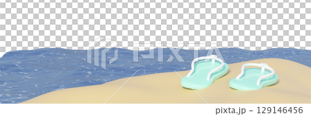 Cute 3D illustration of a pair of mint green flip-flops on a sandy beach by blue sea waves. Perfect for summer, vacation, and travel themes. 129146456