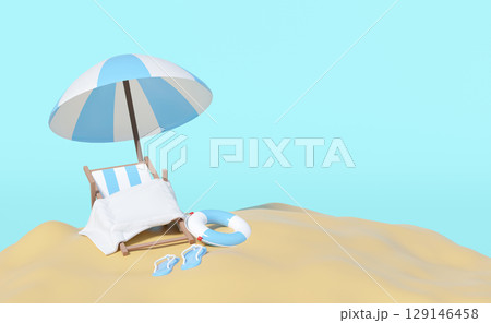 3D render of a minimalist beach scene with a blue and white striped umbrella, a beach chair with towel, lifebuoy, and flip-flops on sand under a clear sky. Summer vacation concept with copy space. 129146458