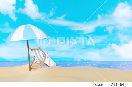 3D render of a serene beach scene with a blue and white striped umbrella and deck chair on a sandy beach. Calm blue ocean and cloudy sky provide a relaxing summer vacation background. 3D render of a serene beach scene with a blue and white striped umbrella and deck chair on a sandy beach. Calm blue ocean and cloudy sky provide a relaxing summer vacation background. 129146459