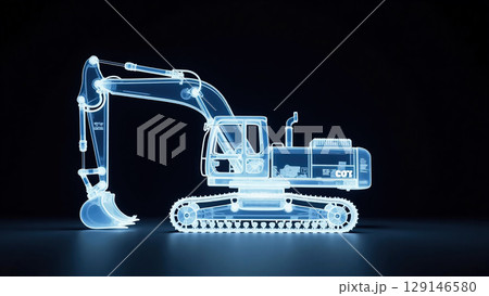 ショベルカーのレントゲン写真、モノクロ 129146580