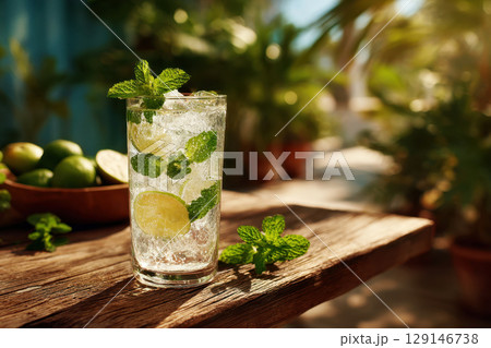 Fresh lemonade with mint and ice on wooden table 129146738