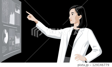Scientist analyzing data on a digital screen in a lab setting. 129146779
