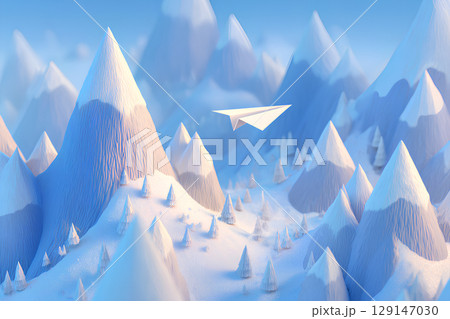 アルプス山脈と紙飛行機（アニメ調） 129147030