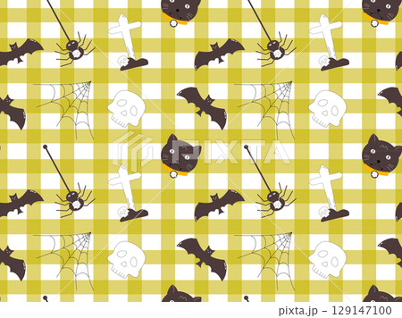 Spooky Halloween Seamless Pattern with Skulls, Bats and Spiders on a Yellow Checkered Background 129147100