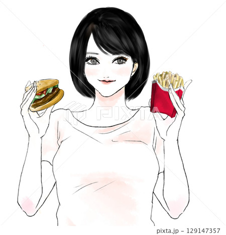 ハンバーガーを持つ女性 129147357