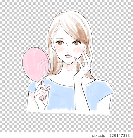 一個女人看著鏡子困擾著 一個女人看著鏡子困擾著 129147358