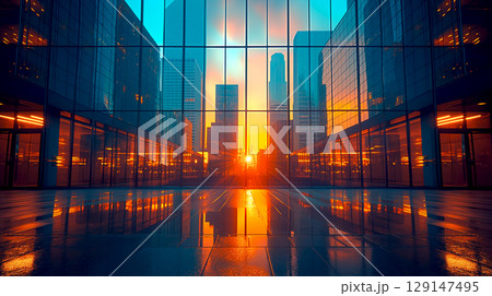 building with Architecture Skyscraper view, sunset background business concept 129147495