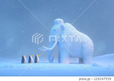 吹雪の中のマンモスとペンギン（3D） 129147559