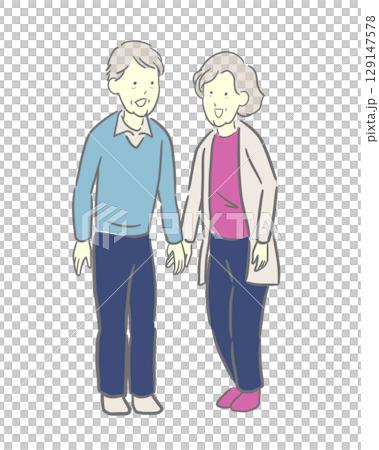 Colored illustration of happy senior men and women smiling and holding hands 129147578