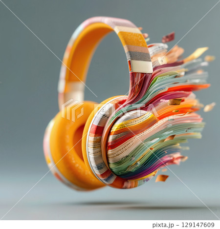 Vibrant headphones blending colors and textures in a dynamic composition displaying creativity and movement in high resolution 129147609