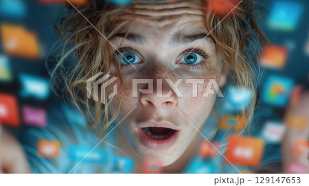 Young woman expresses surprise surrounded by digital app icons on a vibrant background 129147653