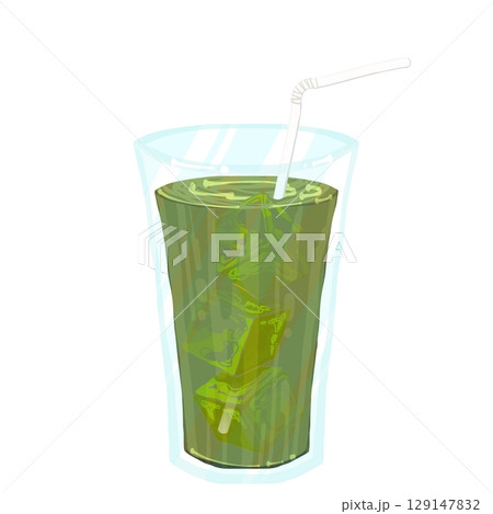 ストローと氷の入った抹茶ラテ 129147832