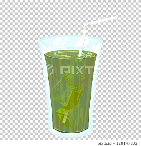 ストローと氷の入った抹茶ラテ 129147832