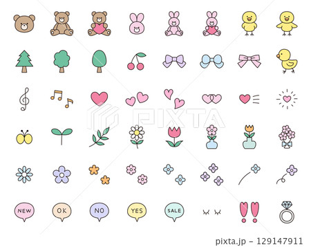 かわいいアイコンセットのベクターイラスト。飾り、ハート、くま、うさぎ、ひよこ、リボン 129147911