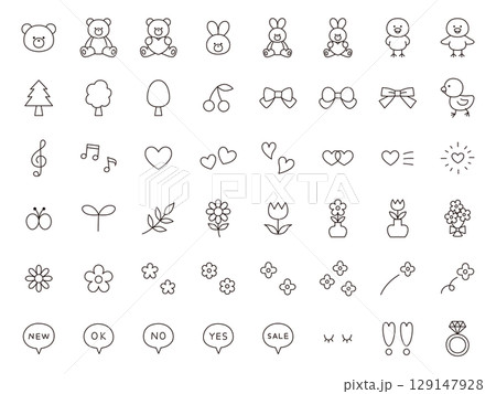 かわいいアイコンセットのベクターイラスト。飾り、ハート、くま、うさぎ、ひよこ、リボン 129147928