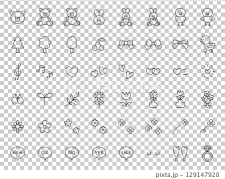 Vector illustration of a cute icon set. Ornament, heart, bear, rabbit, chick, ribbon 129147928