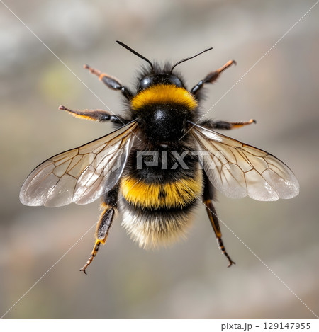 Bee hovering in mid-air with detailed wing structure captured in natural light Bee hovering in mid-air with detailed wing structure captured in natural light 129147955