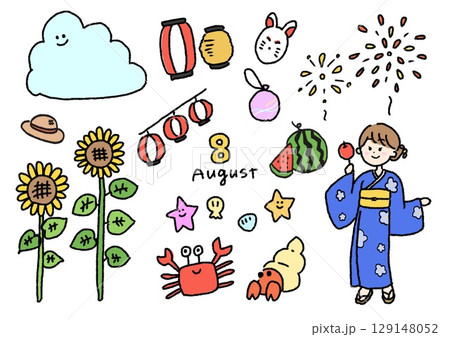 8月 イラストセット 8月 イラストセット 129148052
