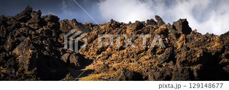 A moon landscape with lava formations, volcanic mountains, volcanoes and desert at sunset. A moon landscape with lava formations, volcanic mountains, volcanoes and desert at sunset. 129148677