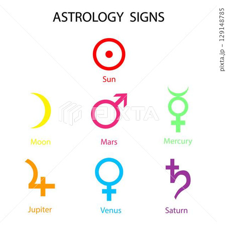 illustration of astronomy and astrology, astrology signs, Planet Symbols, set of zodiac and astrology symbols of planets illustration of astronomy and astrology, astrology signs, Planet Symbols, set of zodiac and astrology symbols of planets 129148785