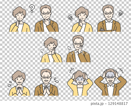 悩むシニア男女の上半身シンプルイメージ ネガティブ感情表現イラスト素材セット 困惑・不安・ストレス表 悩むシニア男女の上半身シンプルイメージ ネガティブ感情表現イラスト素材セット 困惑・不安・ストレス表 129148817