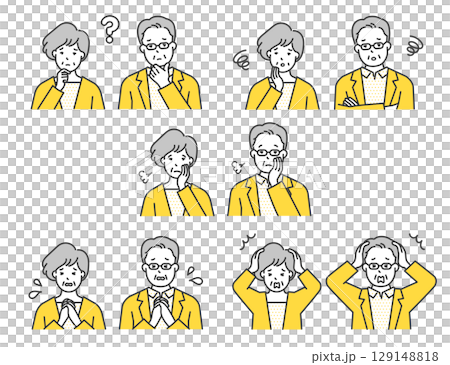 憂心忡忡的老年男女的簡單上半身圖像。負面情緒表達插圖素材集。困惑、焦慮、壓力圖表。 129148818